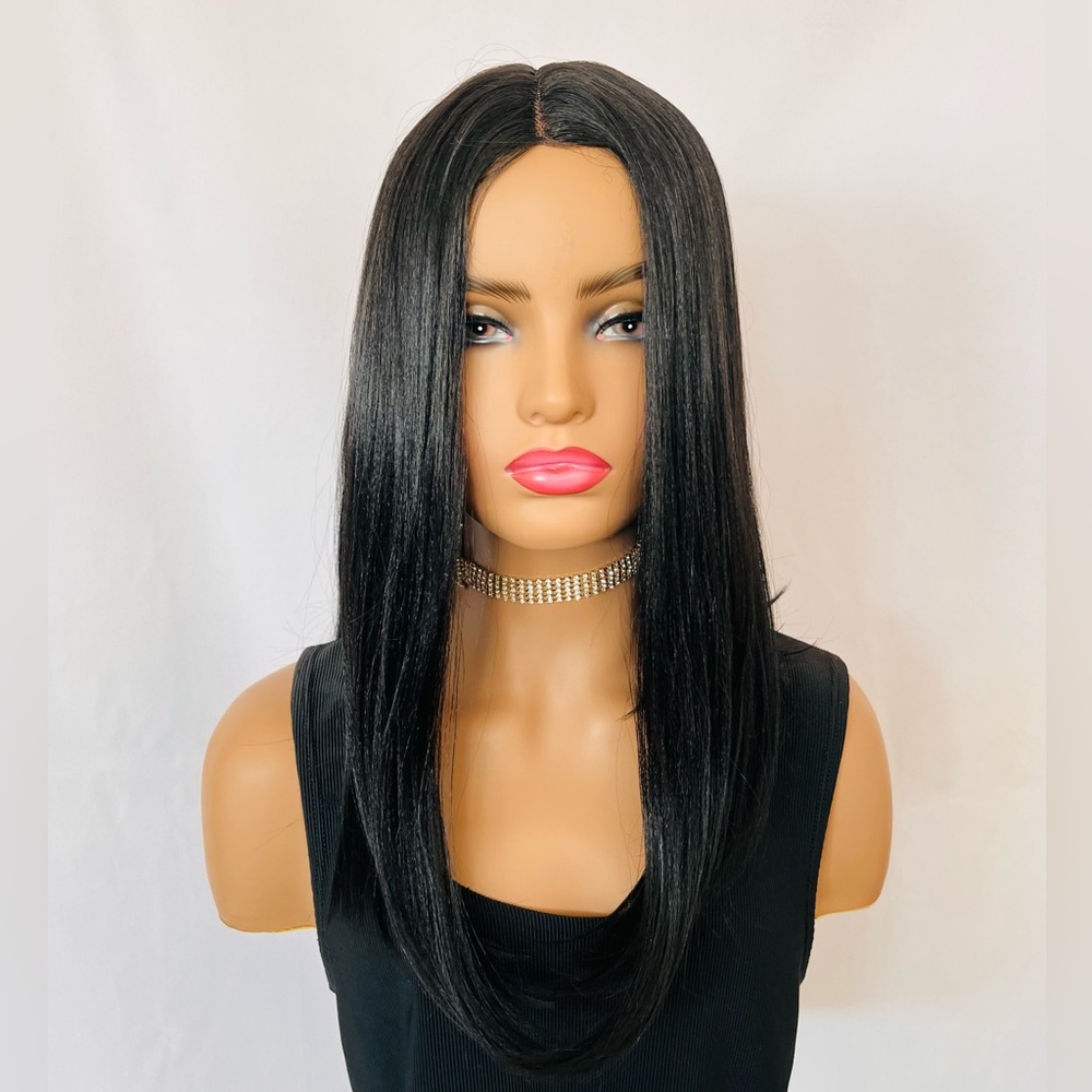 “Put On & Go” Straight Black Premium Fiber Wig with Lace Part for Daily Wear…💄